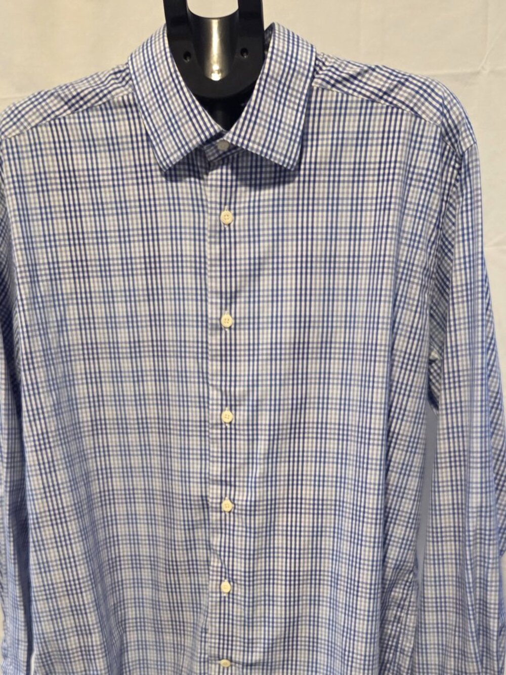 David Donahue Dress Shirt Mens 16.5 34/35 - White Blue Grid/Stripes- Excellent